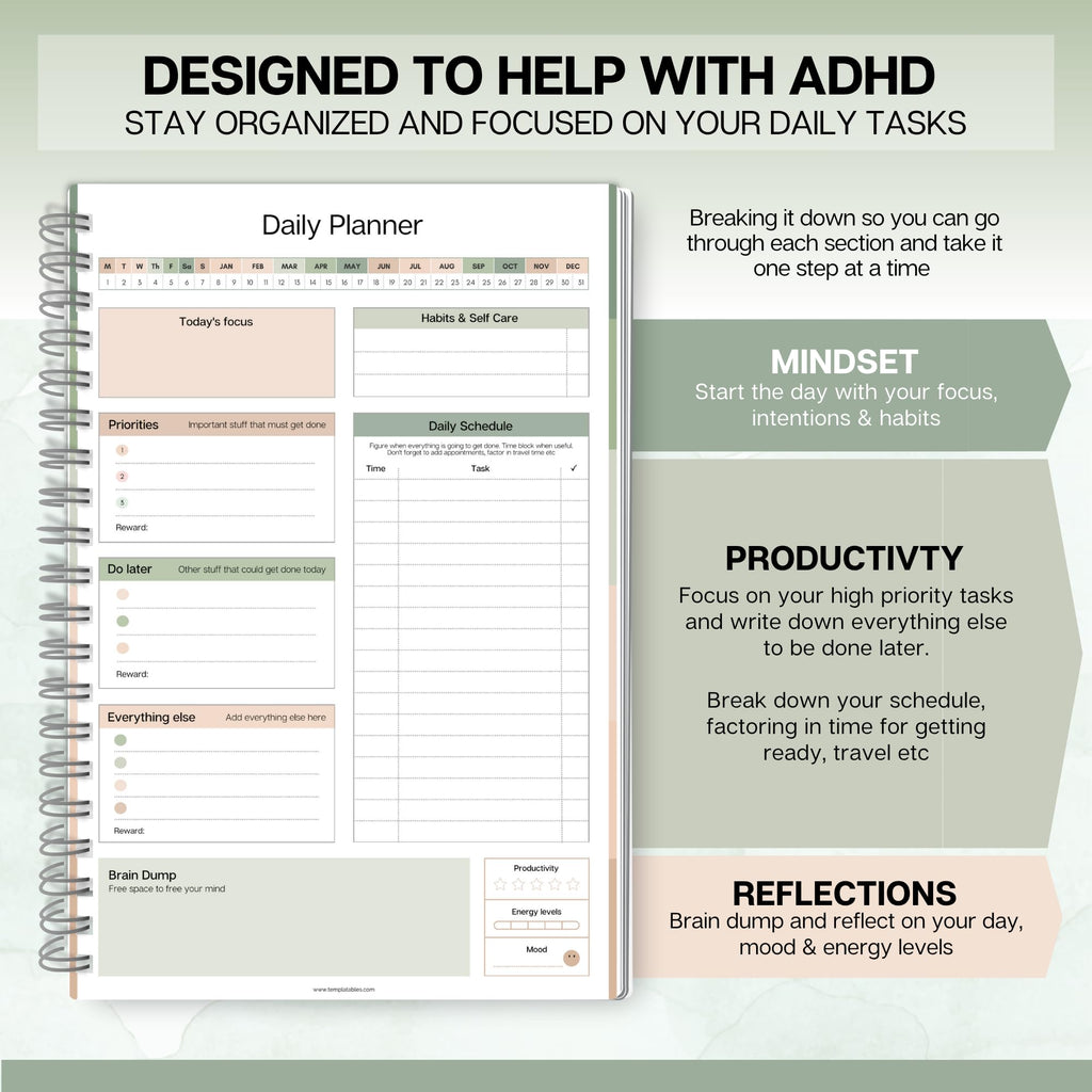 ADHD Daily Planner for Neurodigenic Adults, Daily Productivity Planner and Task Management to Stay Organized and Focused (Green)