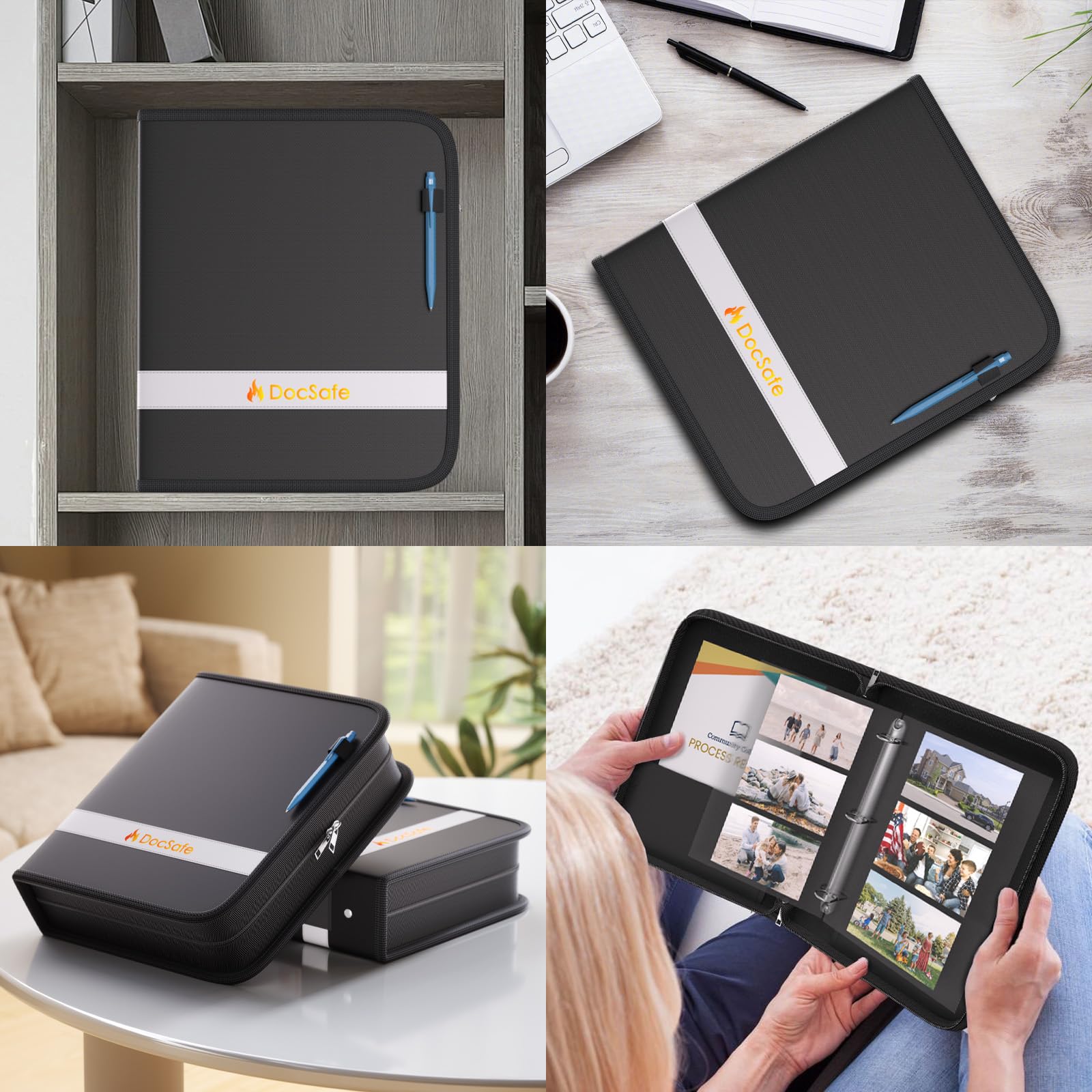 DocSafe 3 Ring Binder with Zipper,Fireproof 2 Inch Round Ring Binder with 2 Interior Pockets,PVC-Free,Portable School Office Home Safe Storage for Letter Size 8.5'' x 11'' Paper Photos Cards Black