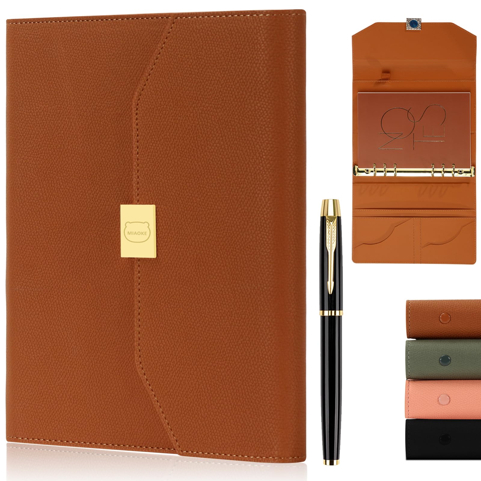 MIAOKE Luxury Notebook Journal for Work, Hardcover Leather Journal for Women Men, 6 Hole Loose-leaf Refillable Folio Notebook with Pen, Pocket and Magnetic Closure for Daily Writing