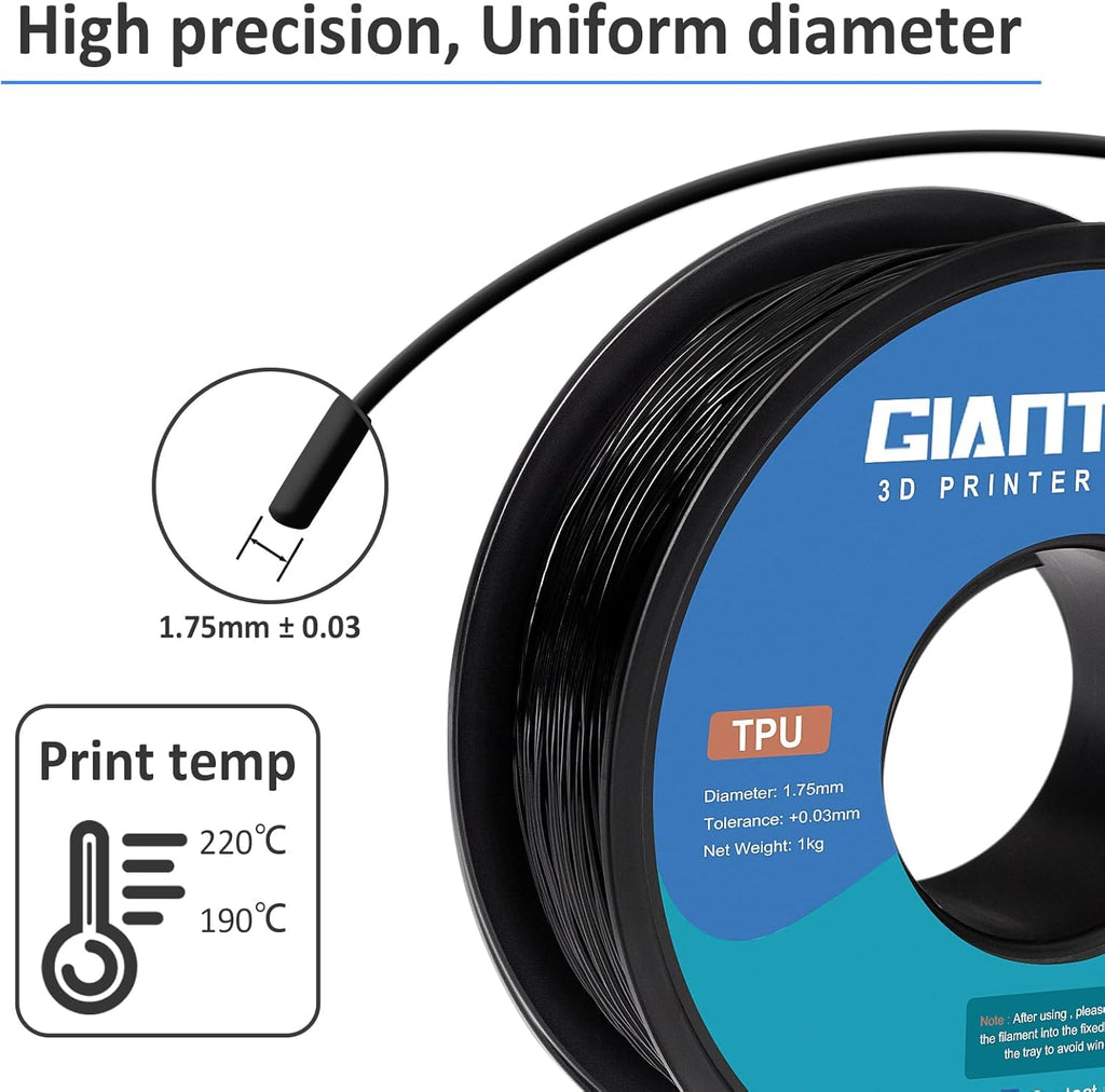 GIANTARM TPU 3D Printer Filament Black, Soft Flexible Filament 95A, Dimensional Accuracy +/-0.05mm, 1KG (2.2LBS), 1.75mm Fit for All 3D Printers, Vacuum Packaging