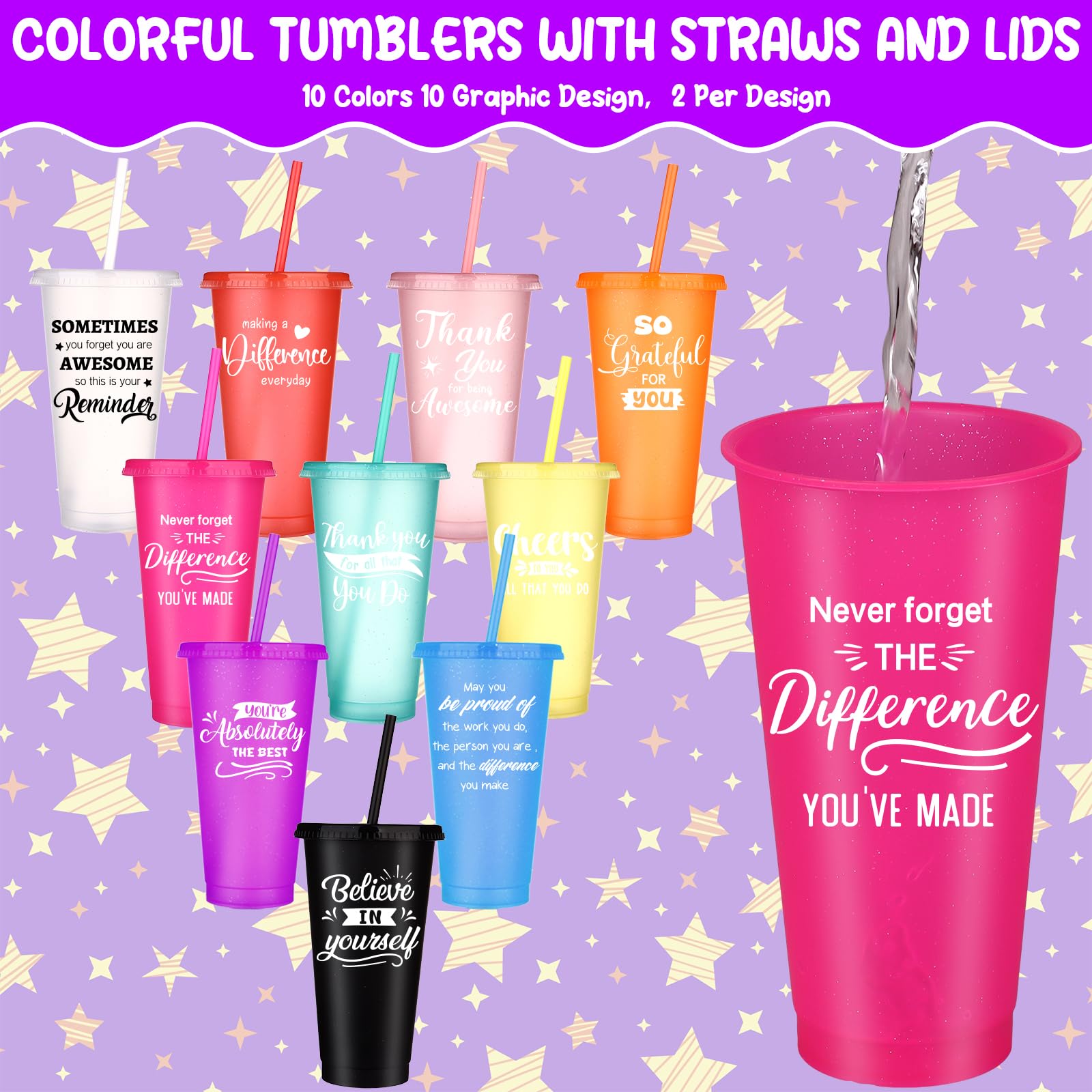 20 Pcs Thank You Tumblers Bulk 24 oz Inspirational Plastic Cups Glitter Reusable Tumblers with Straw and Lid Iced Coffee Water Bottle for Teacher Nurse Coworker Staff Employee Appreciation Gifts