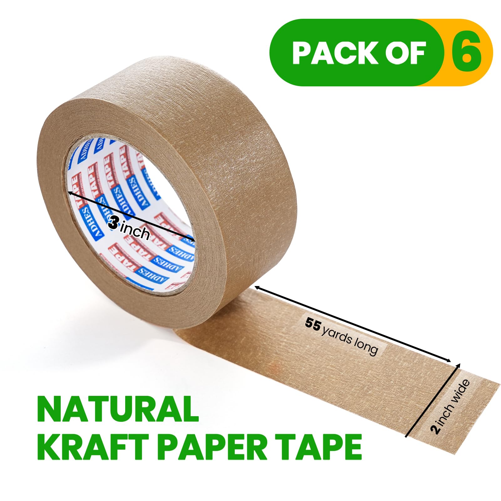 ADHES Biodegradable Kraft Paper Tape, Eco Friendly & Writable & Uncoated Paper Packing Tape Brown Packing Tape for Masking, Sealing, and Packaging Use, 2 inch x 55 Yards, 6 Rolls