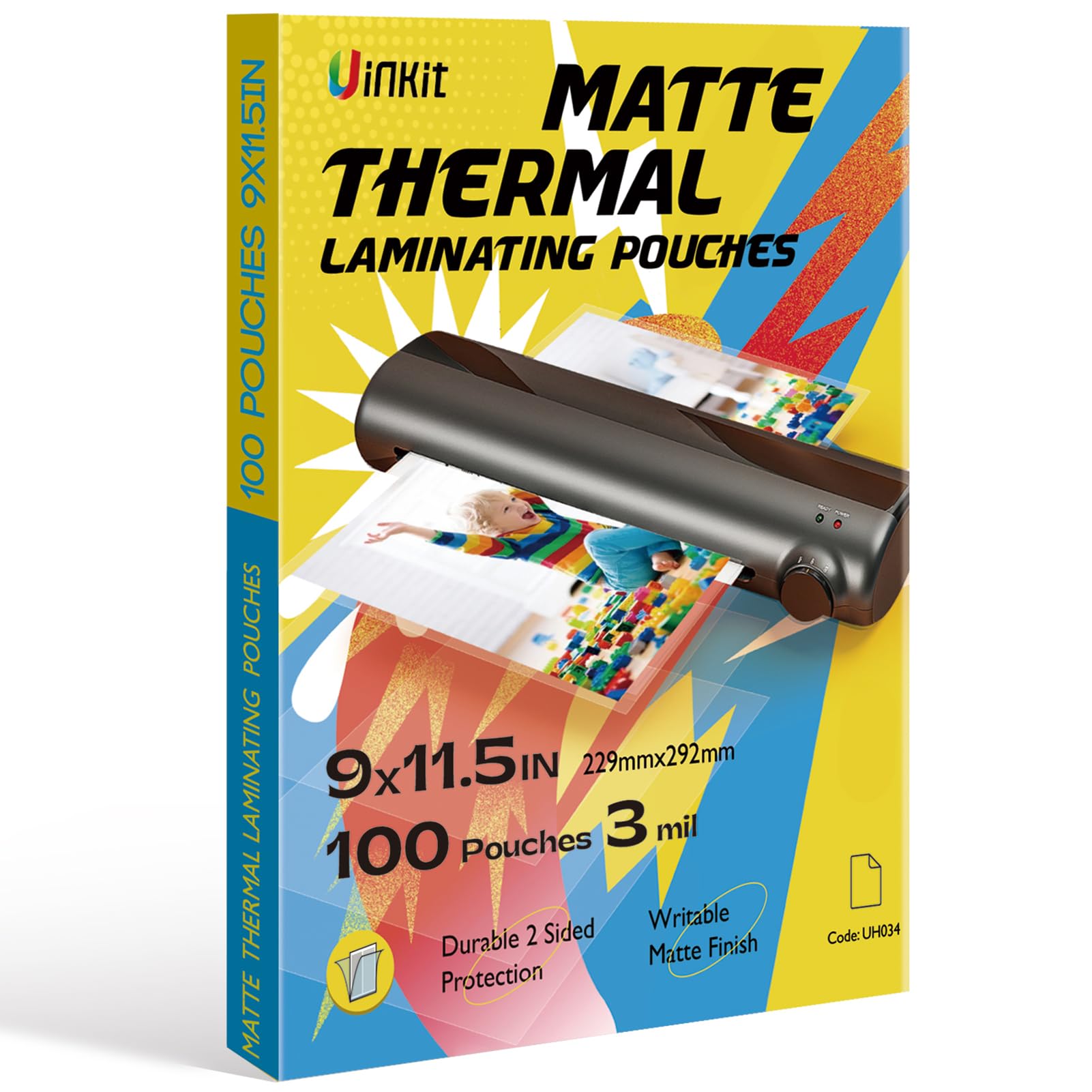 Uinkit Matte Laminating Sheets, 9 x 11.5 Inches 3 Mil Thick Matte Finish 100 Pack Fitted for Letter Size Thermal Laminating Pouches 8.5 x 11 (100)