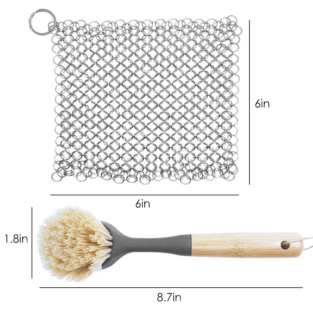 Stainless Steel Cast Iron Cleaner and Cast Iron Brush, SourceTon Stainless Steel Chainmail Scrubber and Bamboo Handle Brush for Skillet, Wok, Pot, Pan