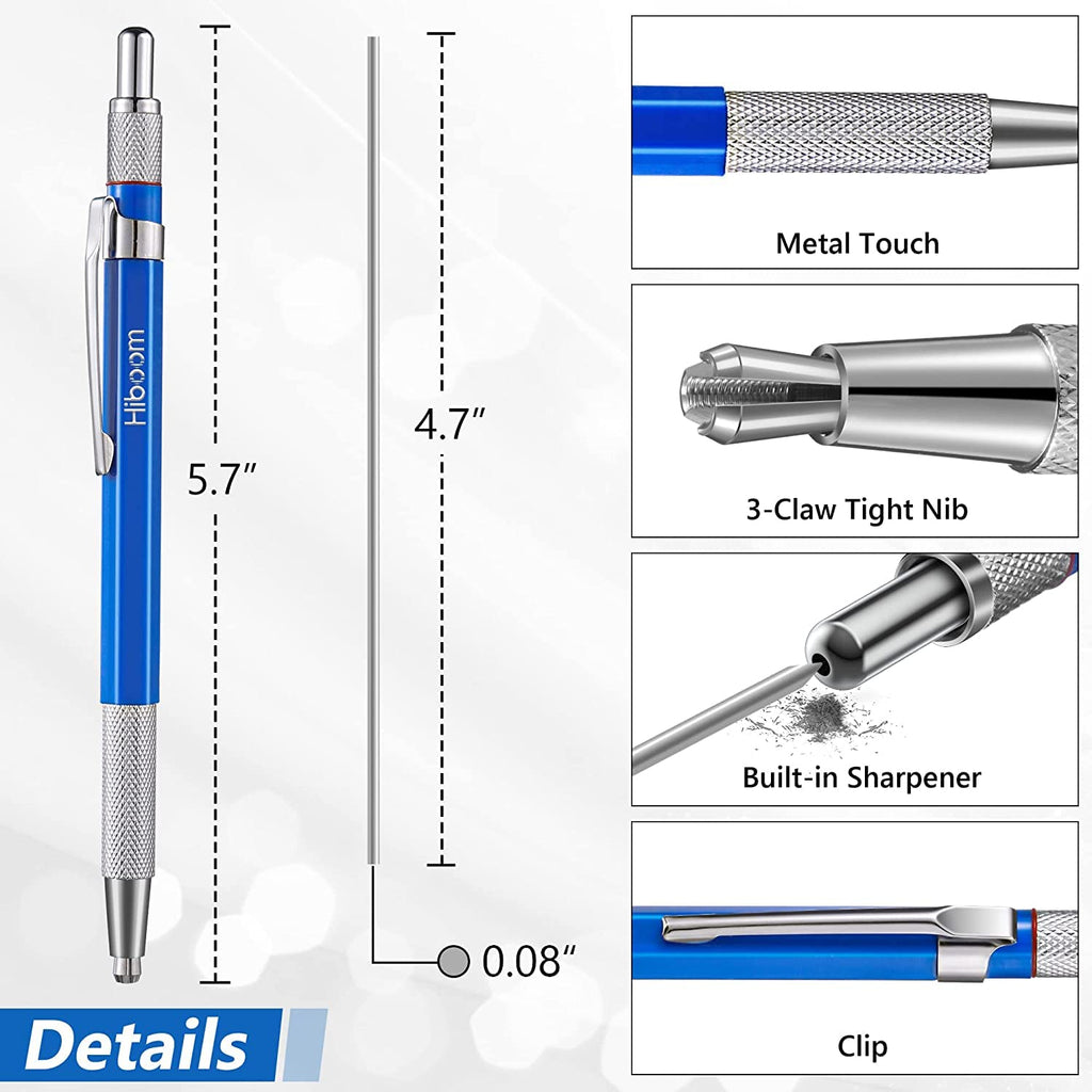Hiboom 4 Pcs Welders Pencil with 48 Pcs Silver Round Refills, Mechanical Pencils Metal Marker with Built-in Sharpener for Pipe Fitter Welder Steel Construction Fabrication Woodworking, Design Patent