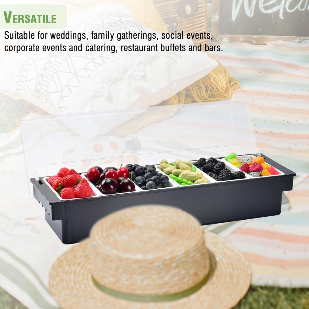 6 Compartment Ice Cooled Condiment Caddy,Sauce Serving Container with Removable Trays & Lid for Salad Bar, Veggie, Fruit, Snack, Party Supplies
