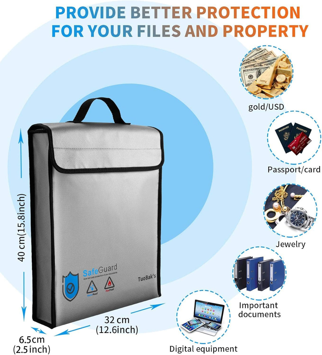 TuoBak's Fireproof Document Bag with Zipper,Heat Insulated Upgraded Fireproof Waterproof Document Bag 15.8”x 12.6”×2.5” for Important Document Storage Organizer for Valuables, Legal Documents Safe