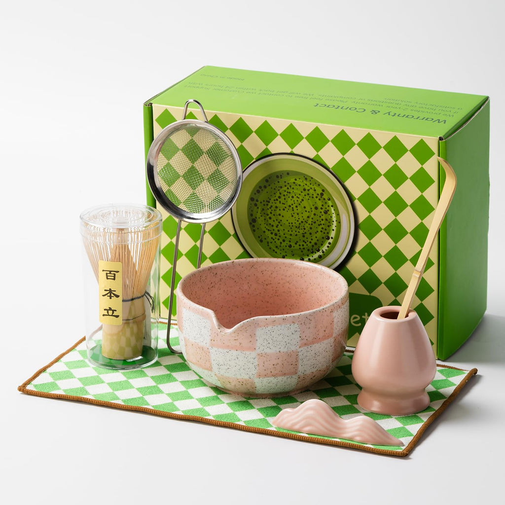 7pcs Traditional Matcha Tea Ceremony Set, Purple Ceramic Bowl with Bamboo Whisk, Holder and Strainer (Pink grid)
