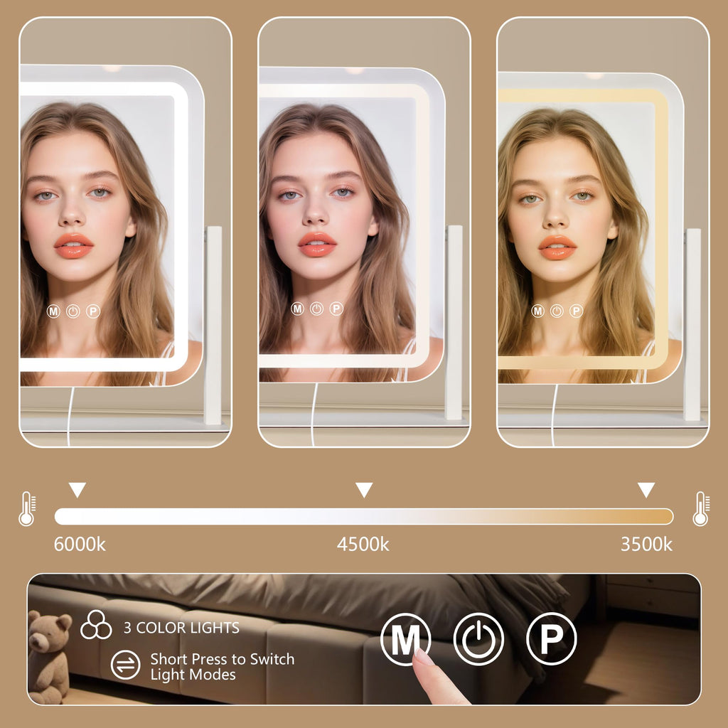 Ratsamee 13" x 15" Vanity Mirror with Lights, Led Makeup Mirror, Lighted Makeup Mirror with 3 Color Dimmable Lights, Smart Touch Screen Control, Smart Touch Screen Control, 360°Rotation