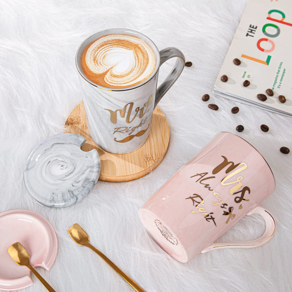 Mr Right and Mrs Always Right Couples Mugs Gifts Set for Wedding, Engagement, Newlyweds Anniversary, Bridal Shower, 14oz Ceramic Marble Mugs with Golden Pattern, Microwave, Dishwasher Safe