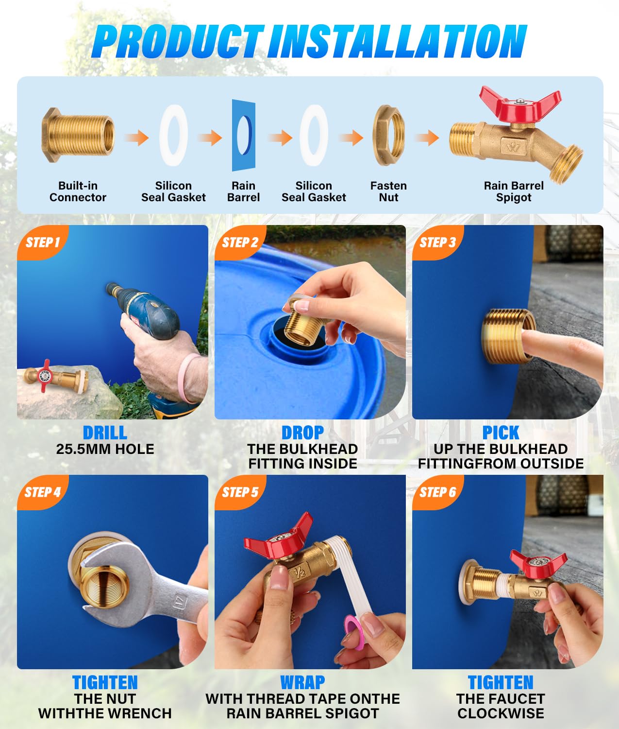 WADEO Rain Barrel Spigot Kit 1/4 Turn Ball Value Spigot with Bulkhead Fitting