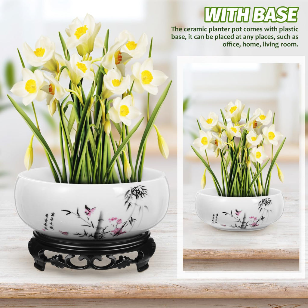 YARNOW Hydroponic Ceramic Planter Pot with Base 6.88 Inch Porcelain Flower Pot for Indoor Succulent Plants Orchid Bonsai Home and Office Garden Decor