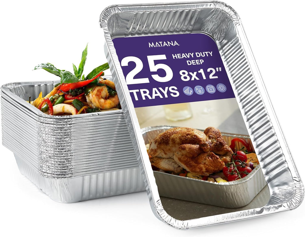 MATANA 8x12 Aluminum Pans Foil Trays (25 Pack) Cake & Lasagna Baking, Chicken Roasting, Chafer, Crawfish Cooking | Ideal for Party Catering & Takeaway