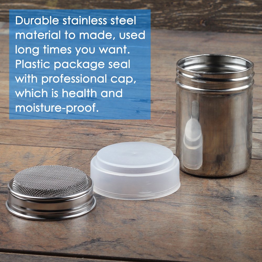 3 Pack Stainless Steel Powder Shaker, Coffee Cocoa Dredges with Fine-Mesh Lid, AIFUDA Power Can for Cooking Home Restaurant with 16 Pcs Printing Molds Stencils