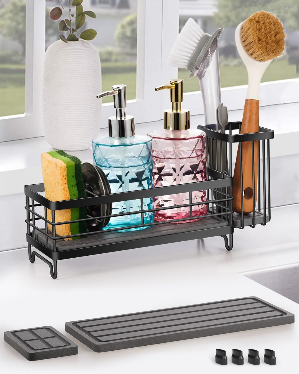 ARTLEO Kitchen Sink Caddy with Water Absorbent Diatomite Stone Sink Tray, Fast Drying Sink Organizer with High Dish Brush Holder Sponge Holder for Kitchen Sink, Stainless Steel