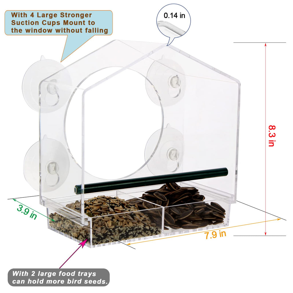 Suekiria Acrylic Window Bird Feeder with 4 Strong Suction Cups, Clear Bird House, Removable Food Tray with Drain Holes, Easy Install and Clean for Backyard and Outdoor