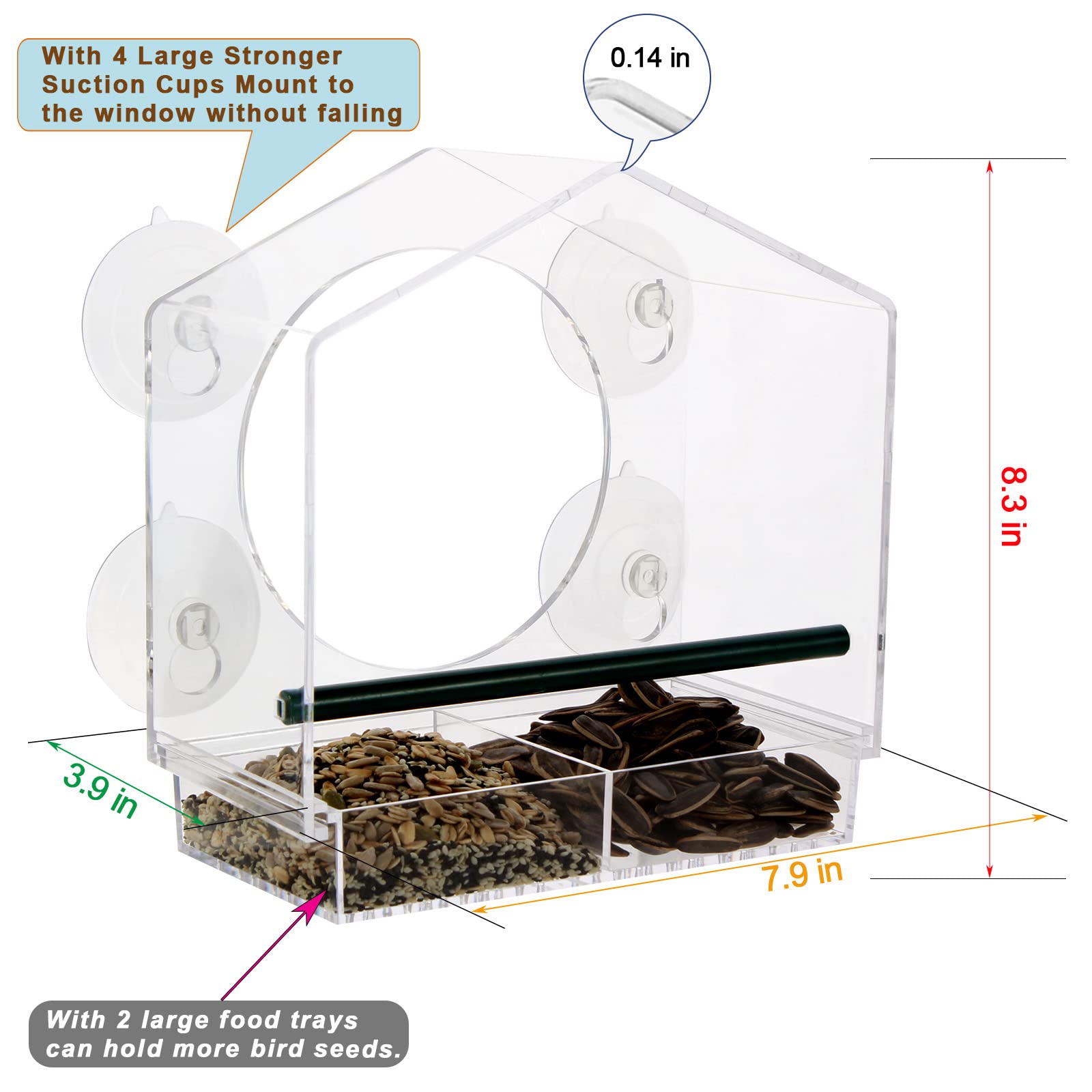 Suekiria Acrylic Window Bird Feeder with 4 Strong Suction Cups, Clear Bird House, Removable Food Tray with Drain Holes, Easy Install and Clean for Backyard and Outdoor