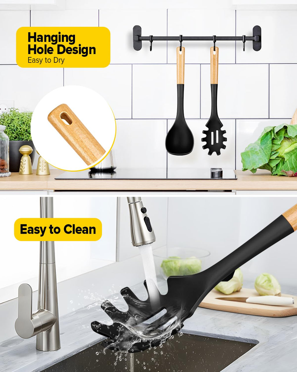 Silicone Soup Ladle and Spaghetti Spoon Set with Wooden Handle, Non Stick Heat Resistant Kitchen Utensils for Cooking, Stirring, Serving Pasta, Soup & Sauce(Black)