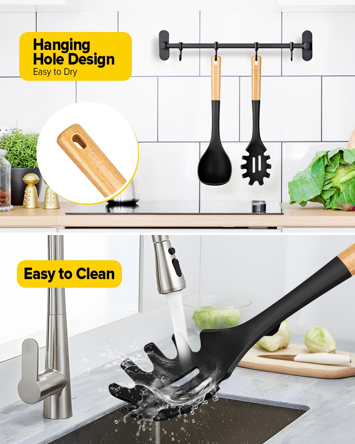 Silicone Soup Ladle and Spaghetti Spoon Set with Wooden Handle, Non Stick Heat Resistant Kitchen Utensils for Cooking, Stirring, Serving Pasta, Soup & Sauce(Black)