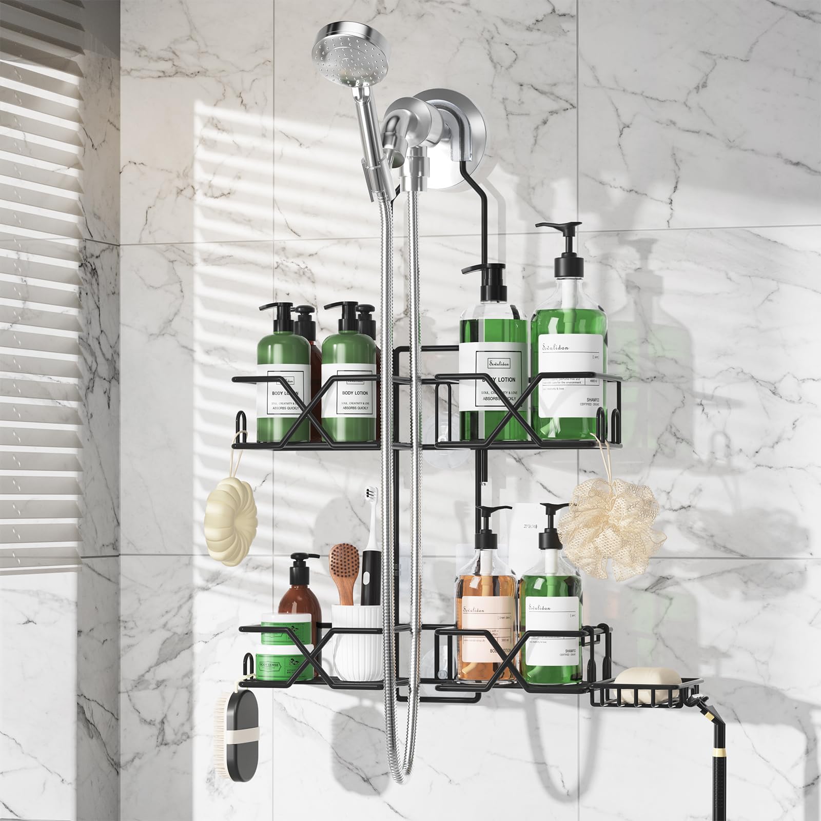 Upgraded Hanging Shower Caddy for Handheld Shower Heads,Adjustable Height Extra Long Bathroom Shower Organizer Hanger Rack with Hooks,Soap Holder