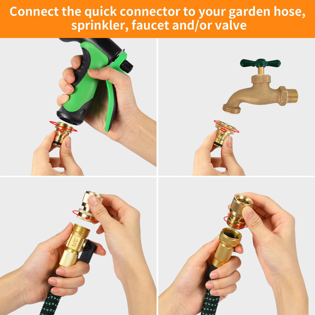 Garden Hose Quick Connect Solid Brass Garden Hose Connector Water Hose Connectors Easy Connect Fittings Standard 3/4 inch GHT, 4 Complete Sets Female & Male, Free Washers & Gaskets
