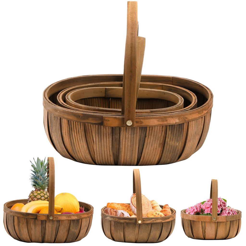 Lawei 3 Pack Wooden Bread Baskets, Wood Chip Picnic Basket with Handles, Handmade Woven Fruits Vegetable Storage Serving Basket Holder, Gift Packing Woven Basket, Flower Girl Baskets for Wedding