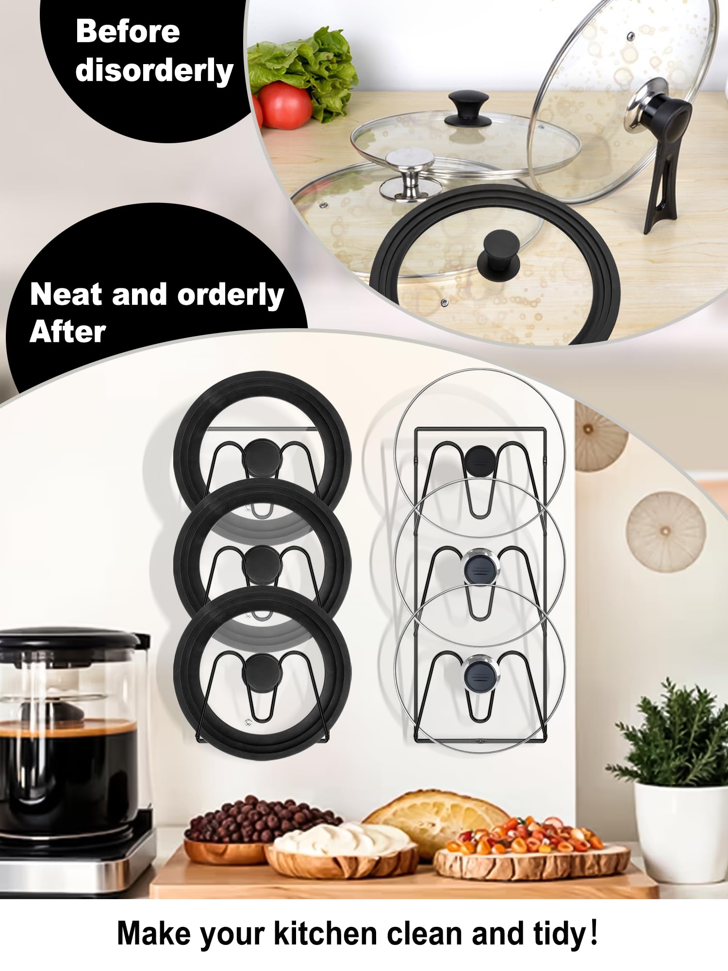 2 Pack Pot Lid Organizer Rack, 6-Tier V-Wall Pot Lid Holder, No Drilling Adhesive Cabinet Door/Wall Mounted Pot Cover Rack, Kitchen Shelf for Pots and Pans (Black)