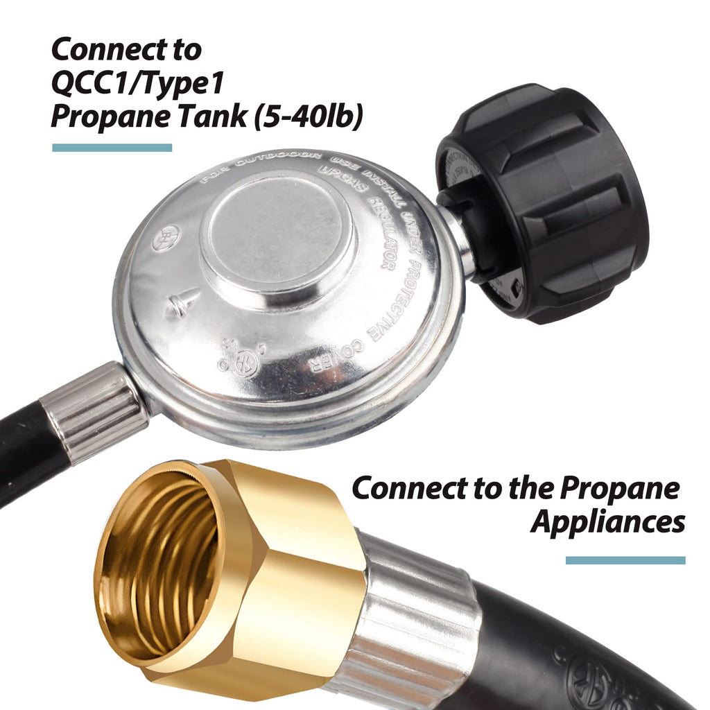 Bbcuepro 12FT Universal Low Pressure Propane Regulator and Hose - Propane Hose with Regulator for Gas Grill, Patio Heater, Fire Pit and More - 3/8 Inch Female Flare
