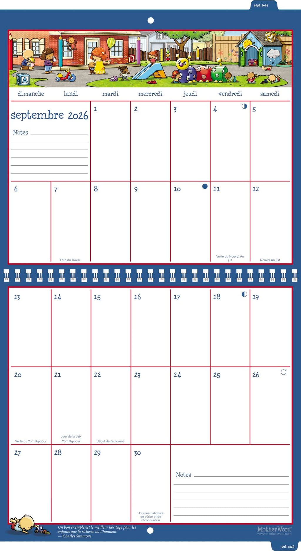 2026 MotherWord Ultimate Family Calendar, 16-Month Family Planner, Sept 2025-Dec 2026, French, Tabbed Wall Version, 12" x 21.5" (DDTF112826)