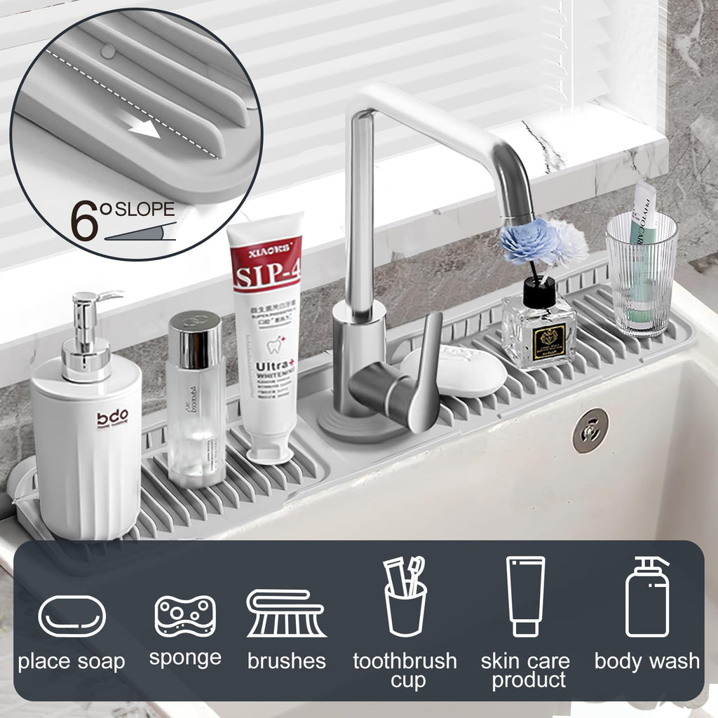 Accock 24 inch Kitchen Sink Splash Guard, Silicone Draining Mat for Sink, Longer Silicone Faucet Drainer Pad, Sink Protectors for Kitchen Sink Mat, Sponge Holder for Kitchen. (Grey, XXL(24 * 5.5))