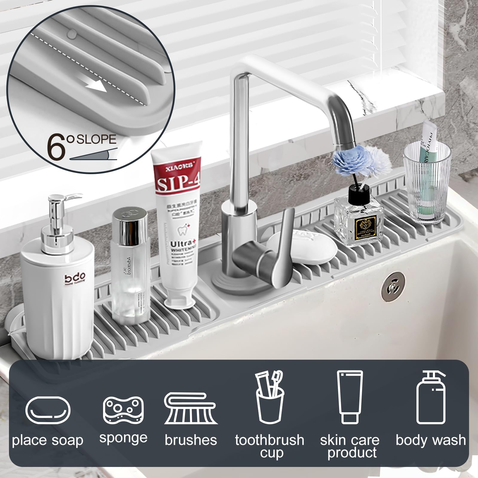 Accock 24 inch Kitchen Sink Splash Guard, Silicone Draining Mat for Sink, Longer Silicone Faucet Drainer Pad, Sink Protectors for Kitchen Sink Mat, Sponge Holder for Kitchen. (Grey, XXL(24 * 5.5))
