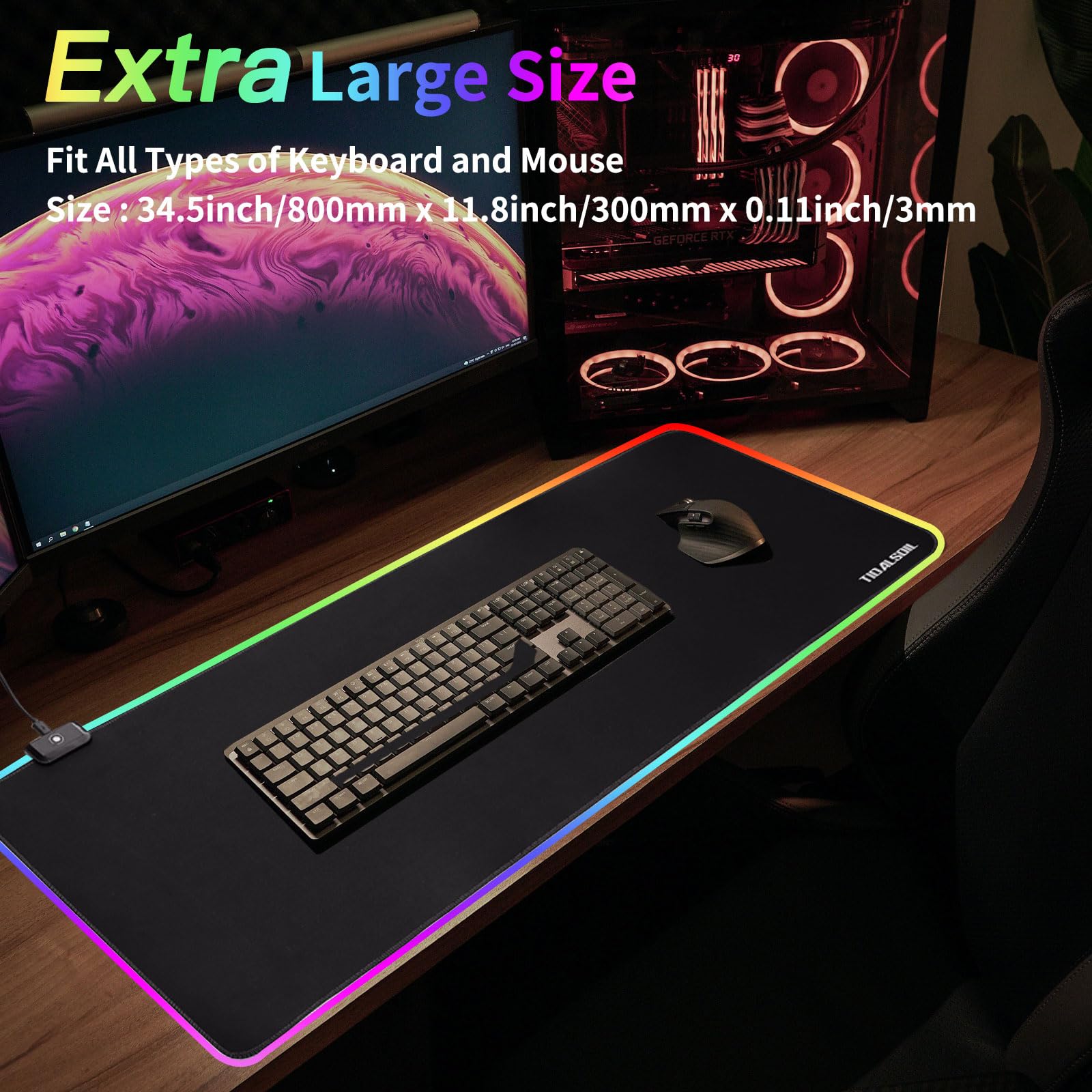 TIDALSOIL RGB Gaming Mouse Pad, Oversized Mouse Mat with 12 Light Modes, Non-Slip Rubber Base, Large Computer Keyboard Mouse Pad for PC Gaming, Office, 800 x 300 x 3 mm, Black