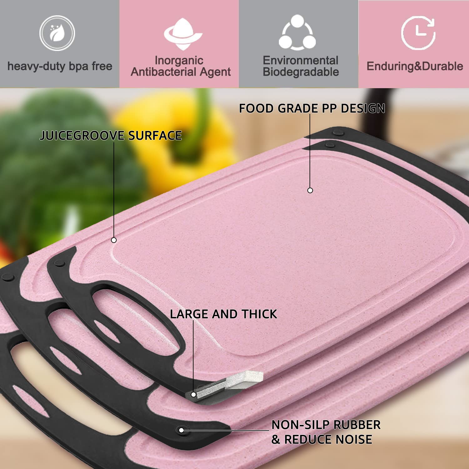 Cutting Boards Kitchen Cutting Board (3-Piece Set) Chopping Boards- Plastic Cutting Boards Set, Juice Grooves, BPA-Free and Dishwasher Safe (Pink)