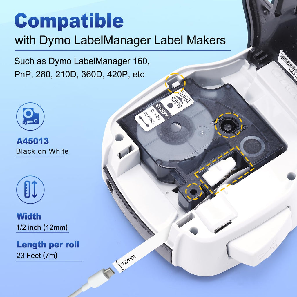 6-Pack Compatible Dymo D1 Label Tape 45013 Replace for DYMO Label Maker Refills a45013 S0720530, Black on White,1/2 Inch x 23 Ft for Dymo LabelManager 160 280 210D 420P 360D PnP Label Maker