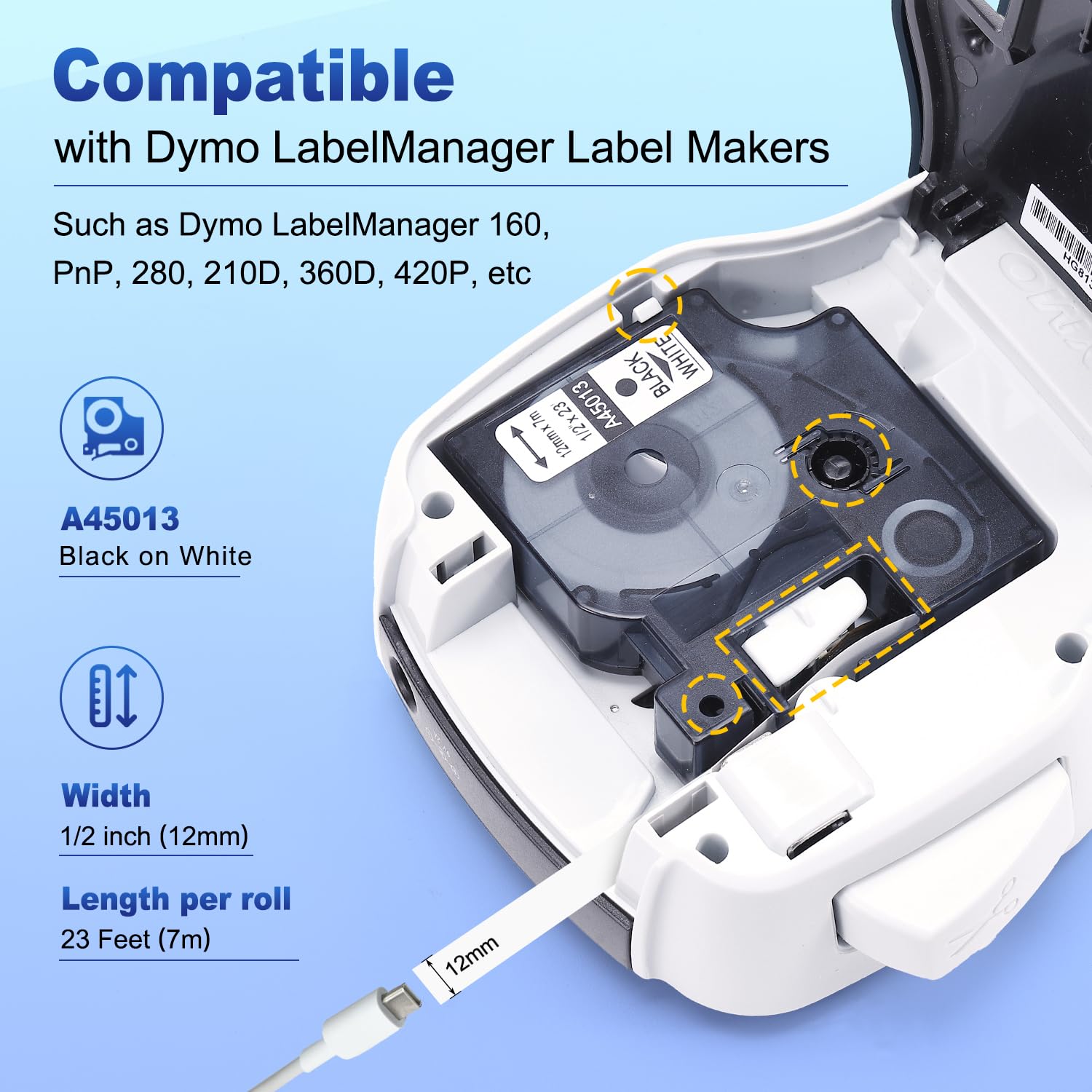6-Pack Compatible Dymo D1 Label Tape 45013 Replace for DYMO Label Maker Refills a45013 S0720530, Black on White,1/2 Inch x 23 Ft for Dymo LabelManager 160 280 210D 420P 360D PnP Label Maker
