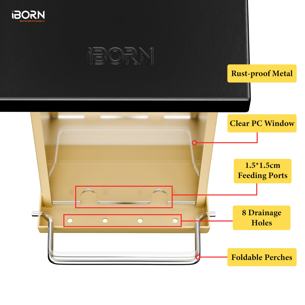 iBorn Bird Feeders for Outdoors,Bird Feeder with Weatherproof Metal Roof & 8 Drain Holes,Fully Detachable Birdfeeder Design,Easy Clean & Refill,Chew-Proof PC Windows,3.2 Lbs Capacity,Black Roof