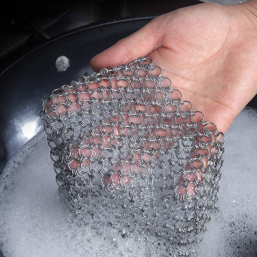 Stainless Steel Cast Iron Cleaner and Cast Iron Brush, SourceTon Stainless Steel Chainmail Scrubber and Bamboo Handle Brush for Skillet, Wok, Pot, Pan
