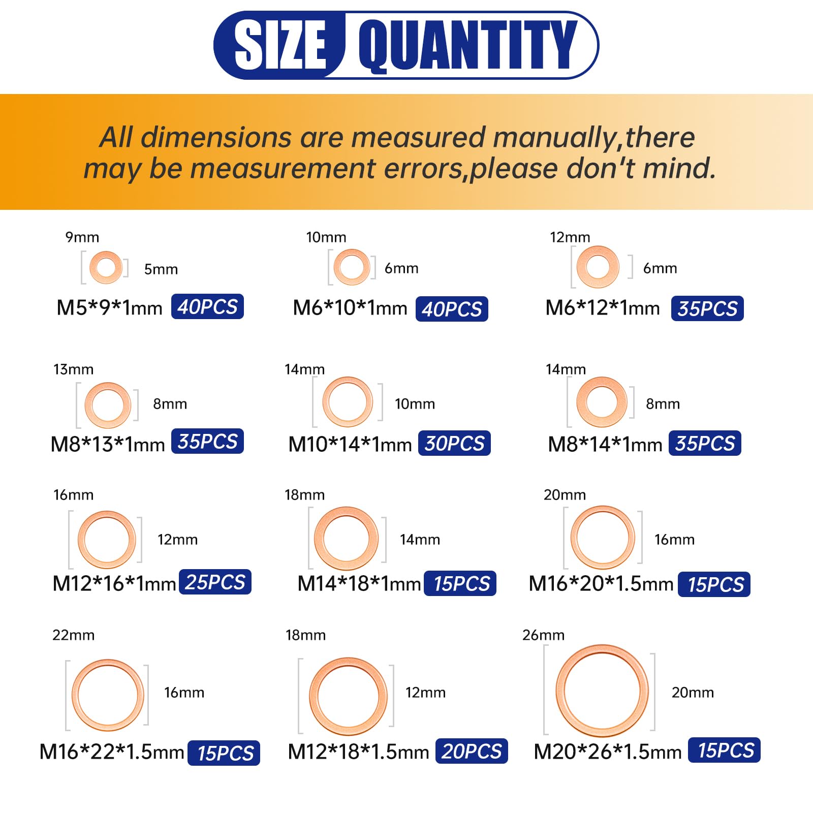 Hengzemei 320pcs Copper Washers Crush Washer Kit for Oil Drain Plug Gasket Metric Sealing Flat Washers Assortment Set 12 Sizes M5-M20