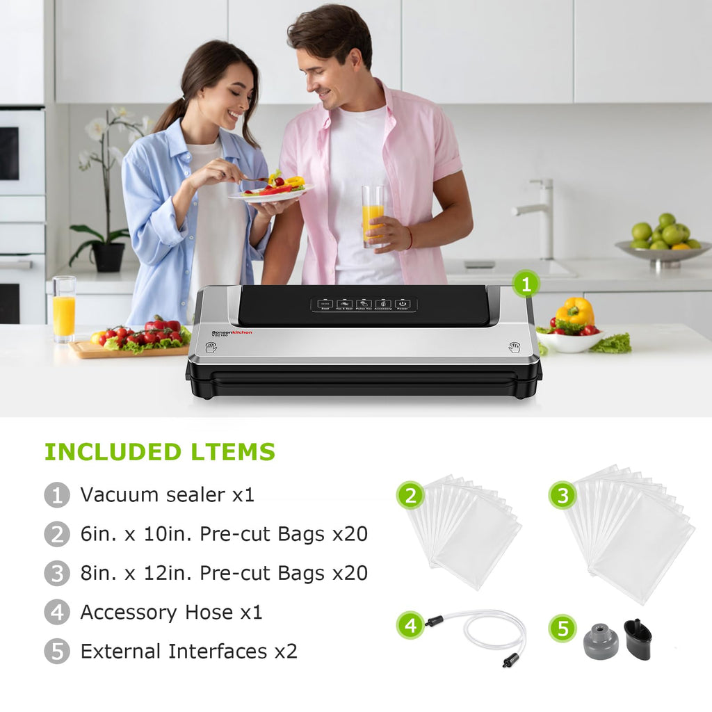 Bonsenkitchen Vacuum Sealer Machine, 90Kpa Powerful Food Sealer, Multi-Functional Food Vacuum Sealer with Vacuum Bags & Accessory Hose,Globefish Technology for High-Speed Continuous Working, Silver