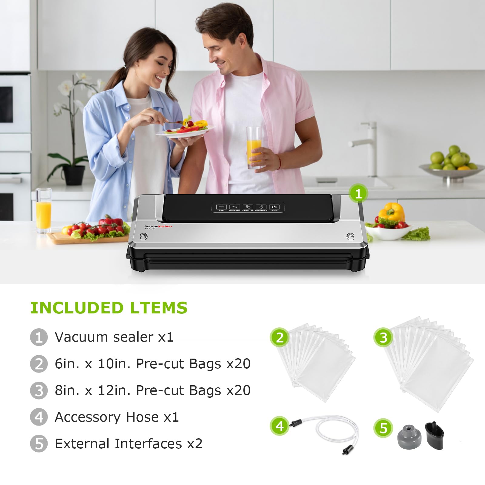 Bonsenkitchen Vacuum Sealer Machine, 90Kpa Powerful Food Sealer, Multi-Functional Food Vacuum Sealer with Vacuum Bags & Accessory Hose,Globefish Technology for High-Speed Continuous Working, Silver