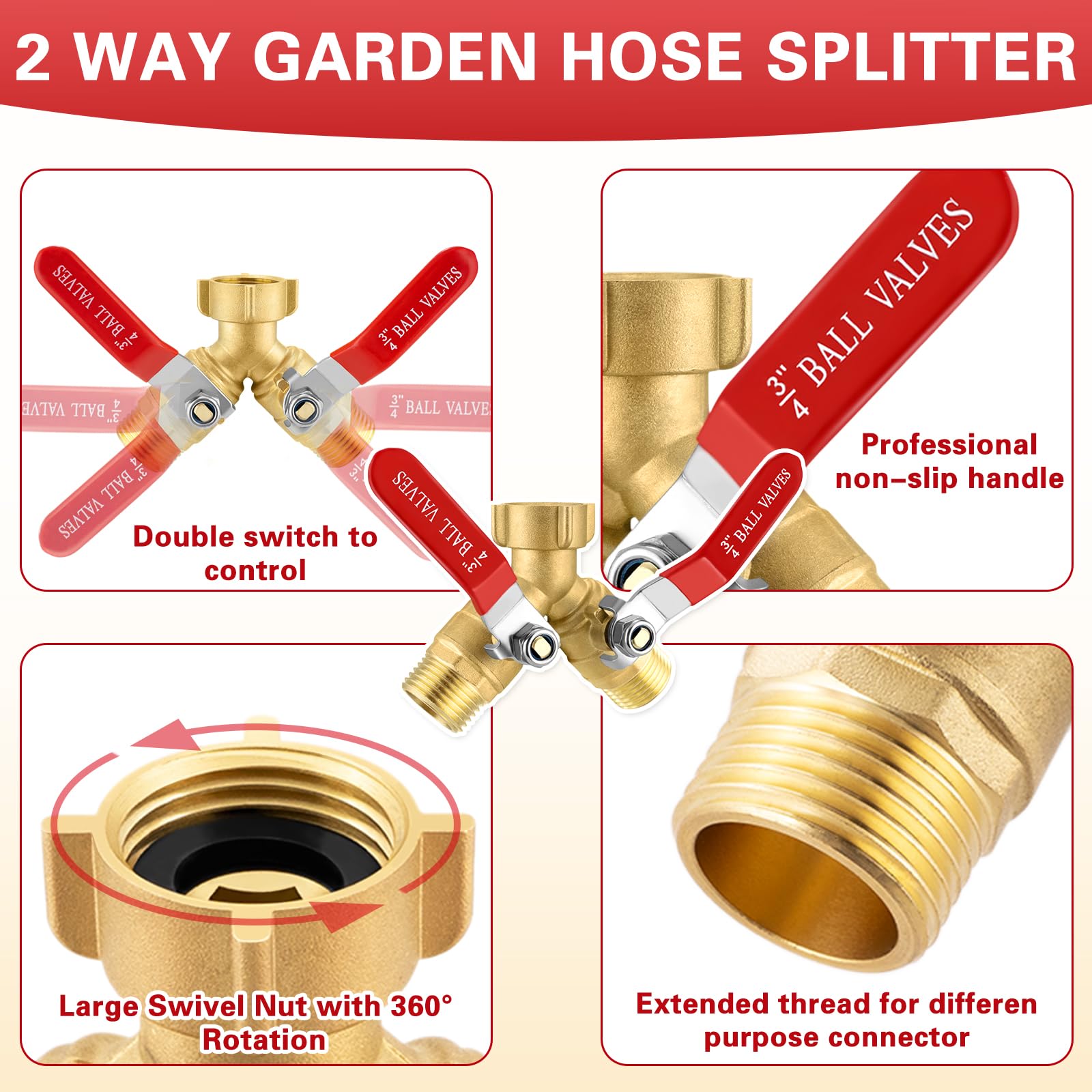 Garden Hose Splitter 2 Way, Heavy Duty Brass Water Hose Splitter with Stainless Steel Long Handle, 3/4" GHT Thread Garden Hose Y Splitter 2 Way, Full Flow Hose Splitter Connector