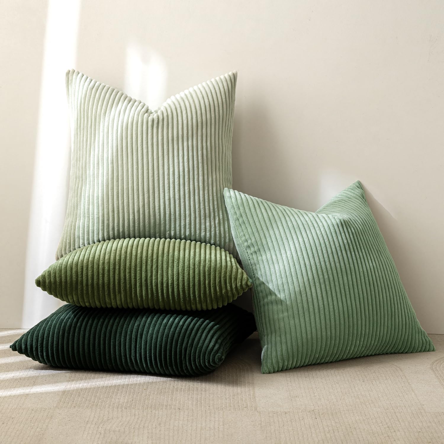 MIULEE Pack of 4 Green Corduroy Decorative Throw Pillow Covers 18x18 Inch Soft Boho Striped Pillow Covers Modern Farmhouse Home Decor for Sofa Living Room Couch Bed