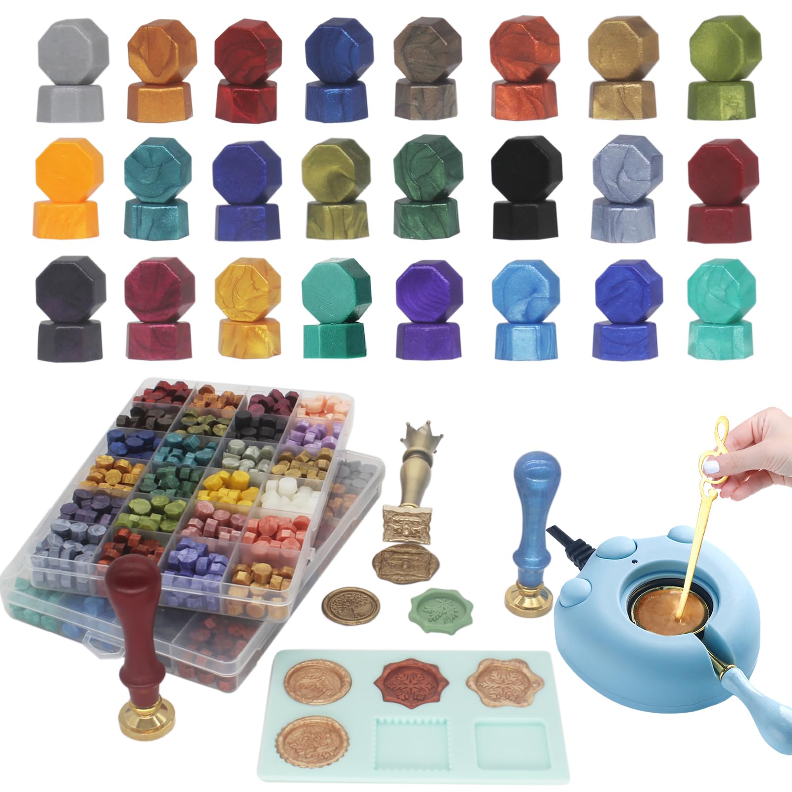Wax Seal Kit with 24 Colors Wax Seal Beads 600pcs, Andotopee Tree of Life Wax Seal Stamp Kit with Electric Sealing Wax Warmer Set, Silicone Mold, Metallic Pen, 120 Removable Sticky Dots, Spoon Cleaner
