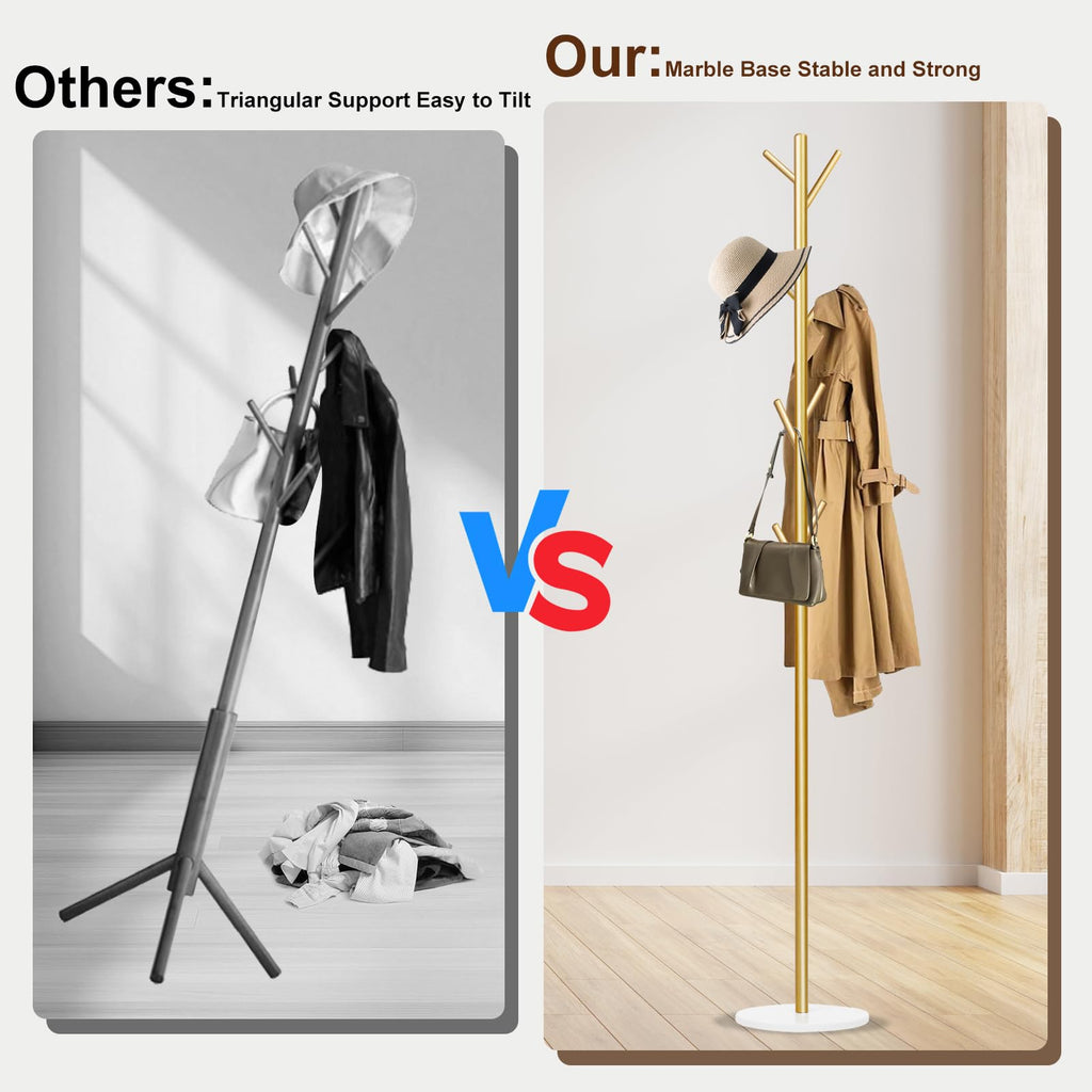 Coat Rack, Metal Freestanding Coat Rack with 8 Hooks, Sturdy Coat Tree with Natural Marble Base for Coats, Hats, Scarves and Handbags for Entryway, Hallway, Bedroom, Office(Gold)