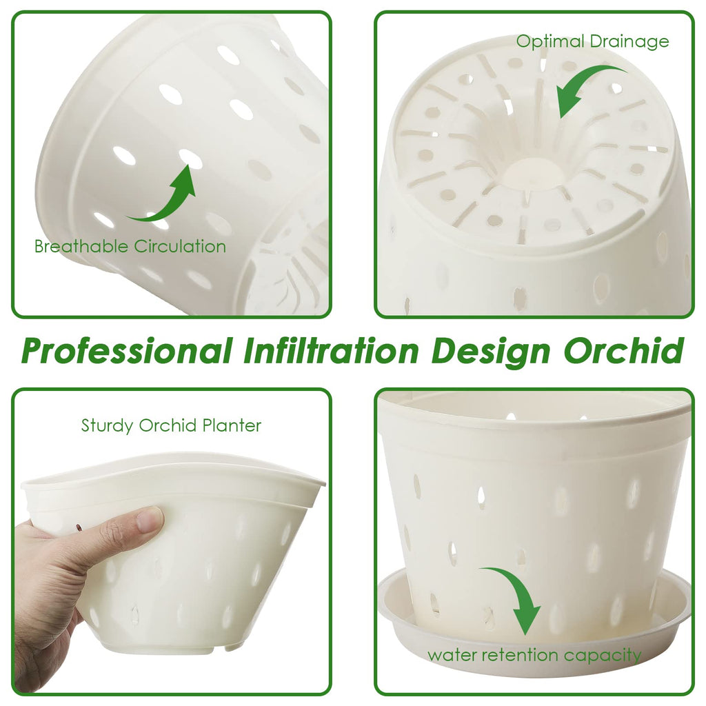 BFYDOAA 5 Pack Orchid Pot, 5.6 Inch Orchid Pots with Holes and Saucers, Clear Plastic Orchid Pots for Indoor and Outdoor Use, Plastic Flower Plant Pot for Plant and Repotting(White)