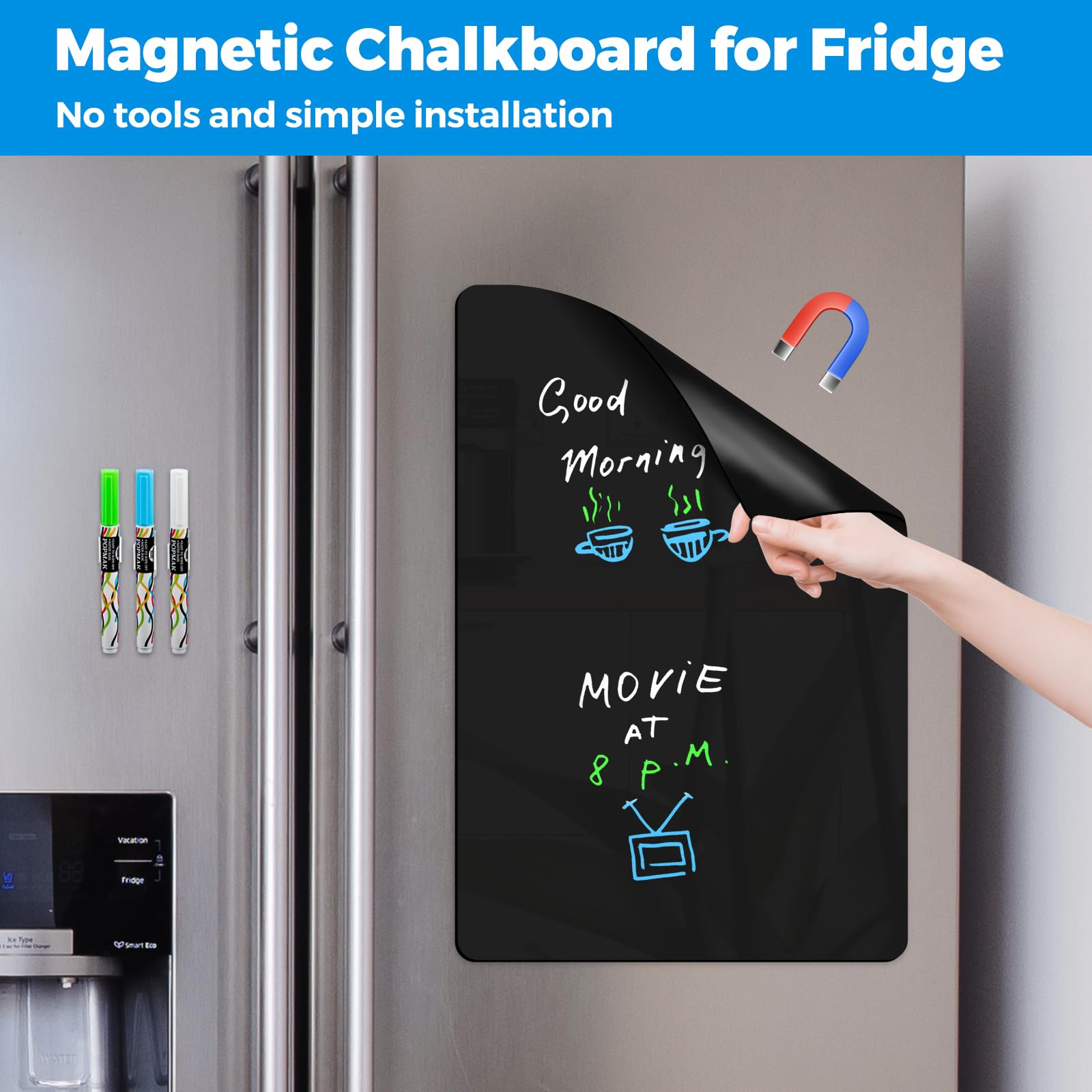 CUHIOY Magnetic Black Dry Erase Board for Refrigerator, 17x11 Fridge Chalkboard, Dry Erase Planning Board for Notepad, Memo, Weekly Meal Planner, Grocery List, to-do List, 3 Chalk Markers & Eraser