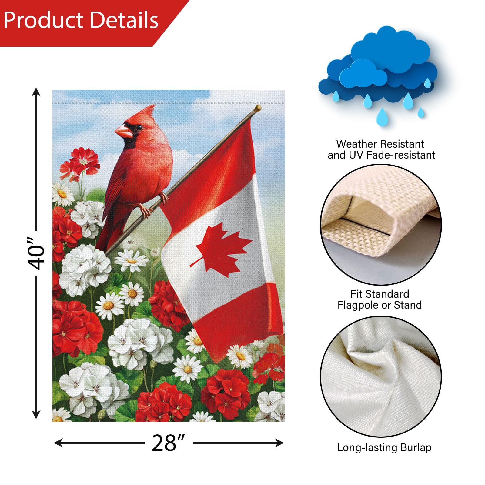 Louise Maelys Canada Day Garden Flag 28x40 Double Sided, Burlap Small Patriotic Geranium Daisy Floral Cardinal Welcome Canadian Outside Outdoor Yard Porch Lawn Decor (Only Flag)