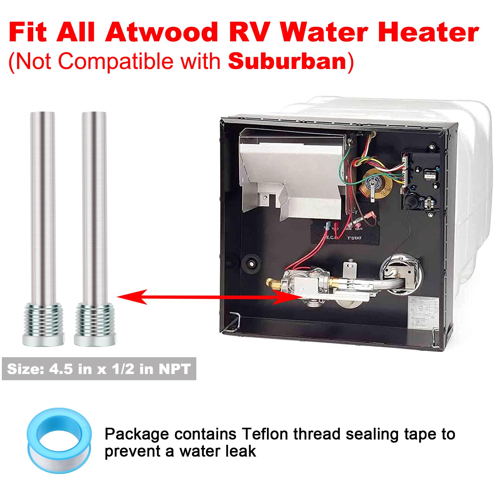 2 Pack RV Water Heater Anode Rod - 4.5" L x 1/2" NPT, Replacement Part for Atwood Dometic Water Heater 11553