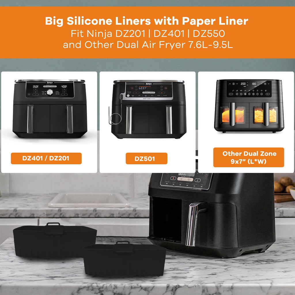 Air Fryer Accessories for Ninja Dual, Silicone Liners & Air Fryer Rack for Ninja Foodi DZ201 DZ401 DZ550 8-10QT, Include Tong, Paper Liner, Oil Brush, Suitable for Oven Microwave