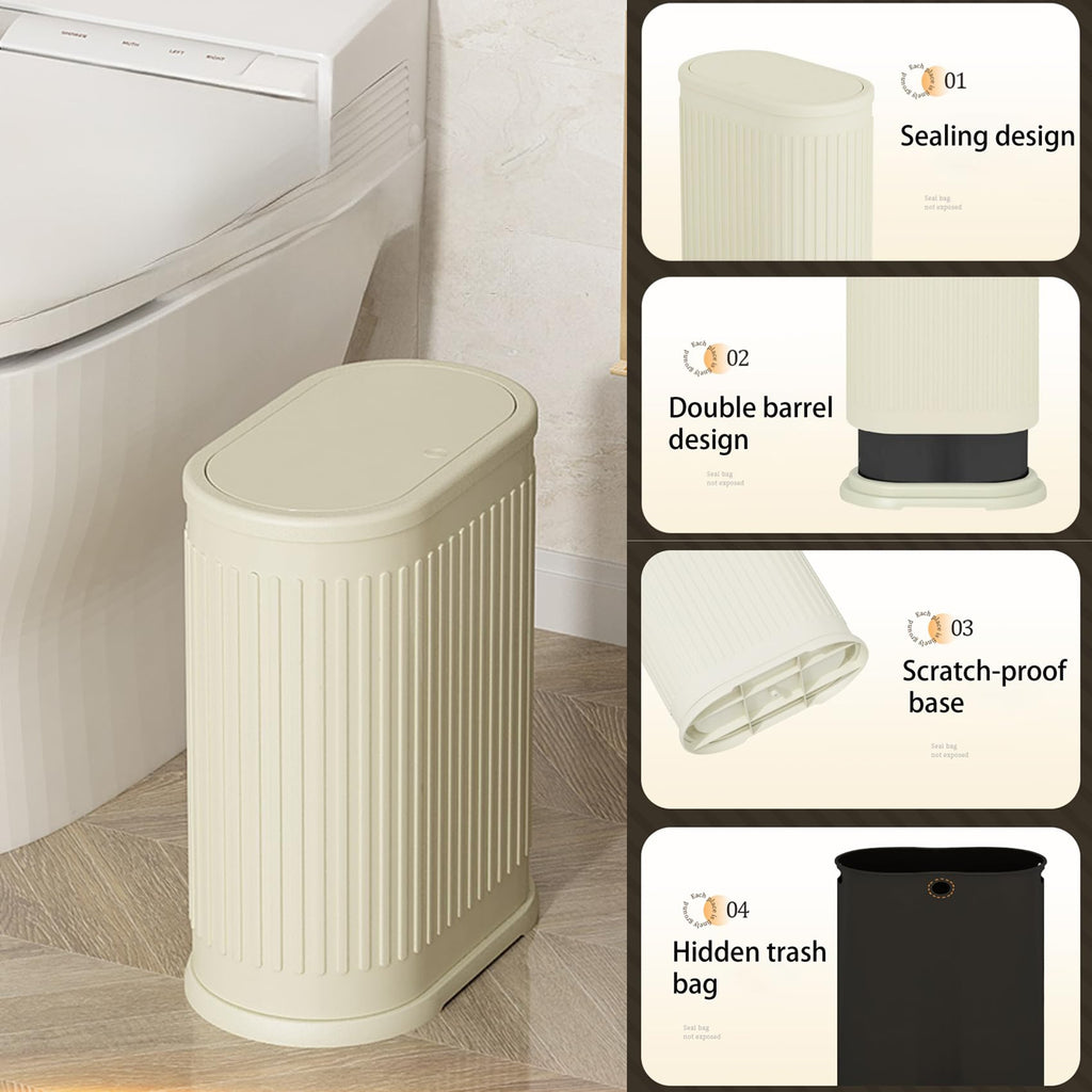 6 Liter Trash Can with Lid, Small Bathroom Trash Can Wastebasket, Slim Garbage Can with Inner Bucket, Press Top Lid Garbage Container Bin for Kitchen, Home, Office, Bedroom, Living Room (Cream Color)